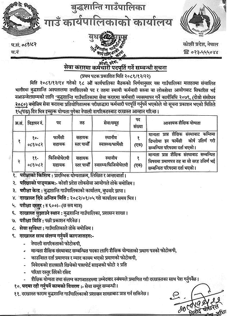 Buddhashanti Rural Municipality Vacancy for Contractual Service